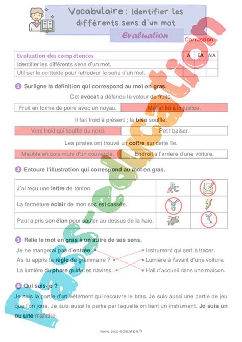 Identifier Les Différents Sens Dun Mot Évaluation 2eme Primaire