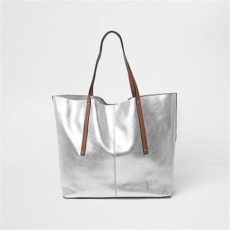 Silver Metallic Leather Tote Bag Shopper Tote Bags Bags Purses