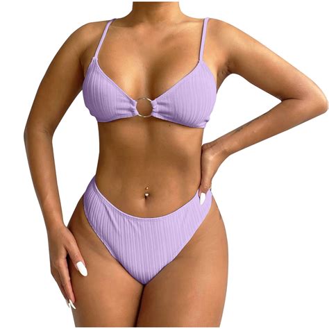 Wreesh Womens Two Piece Swimsuit Metal Ring Bikini Set High Cut Bikini