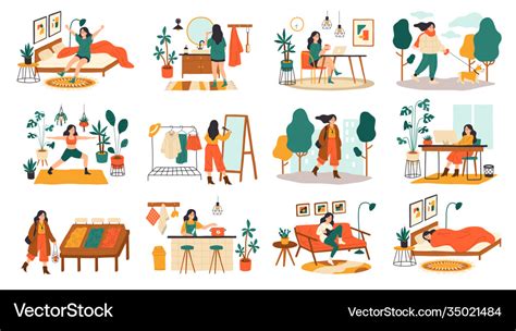 Everyday Woman Routine Female Daily Activities Vector Image