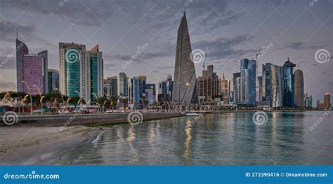 Doha Qatar Skyline from Corniche Promenade at Sunset Showing West Bay ...