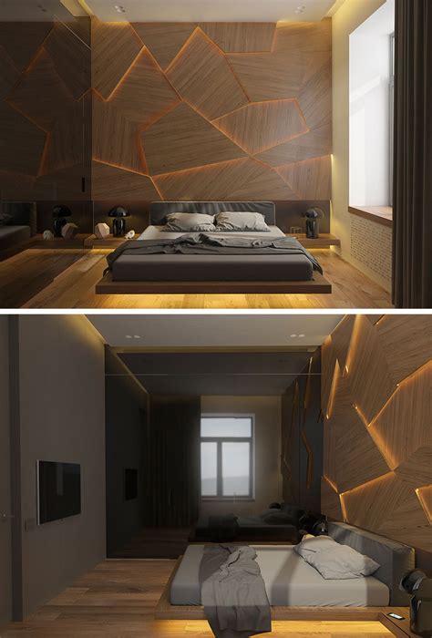 This Bedroom Has A Geometric Back Lit Wood Accent Wall | CONTEMPORIST