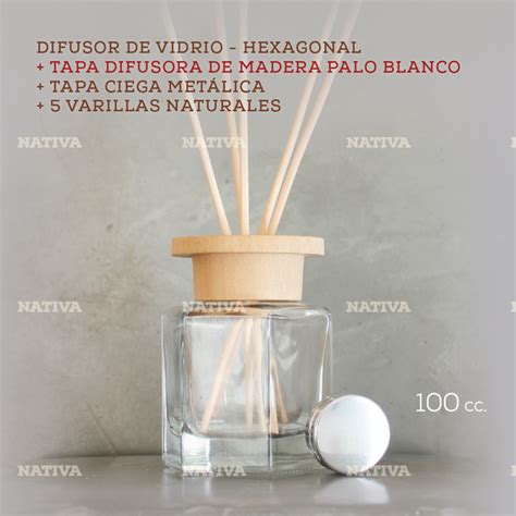 Set Difusor HEXAGONAL 100 Cc Con Tapa Difusora De Madera Palo Blanco Y