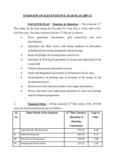 Overview Of Eleventh Five Year Plan Planning Department