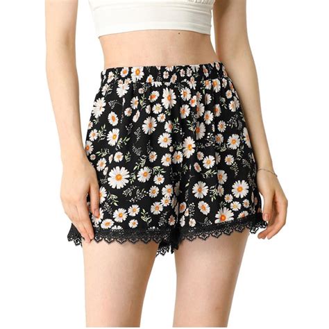 Allegra K Womens Floral Printed Lace Trim Elastic Waist Shorts