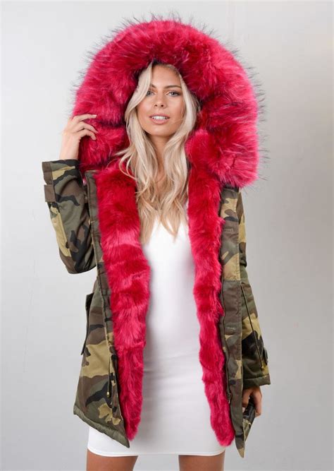 Hot Pink Faux Fur Hooded Parka Coat Camo Green Faux Fur Hooded Parka Hot Pink Fur Coat Fur