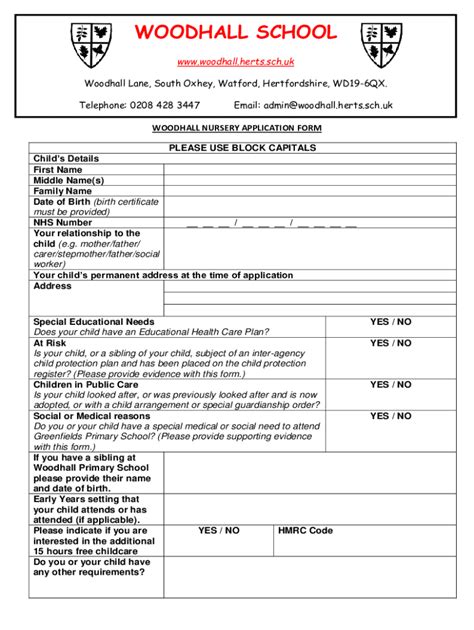 Fillable Online Woodhall Herts Sch Nursery Application Form Pdf Woodhall School Fax Email