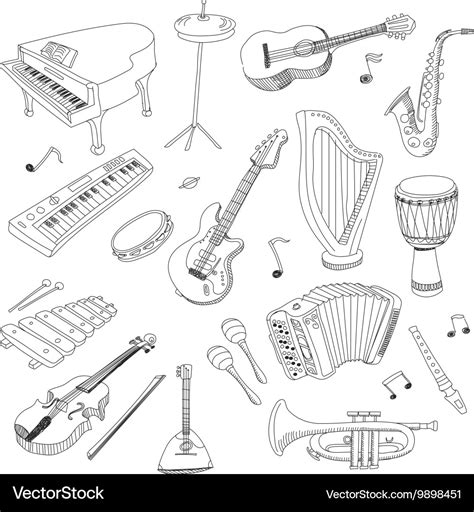 Set Of Music Instruments Hand Drawn Royalty Free Vector