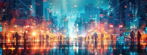 Futuristic Cyberpunk Cityscape With Neon Lights And Silhouetted Figures