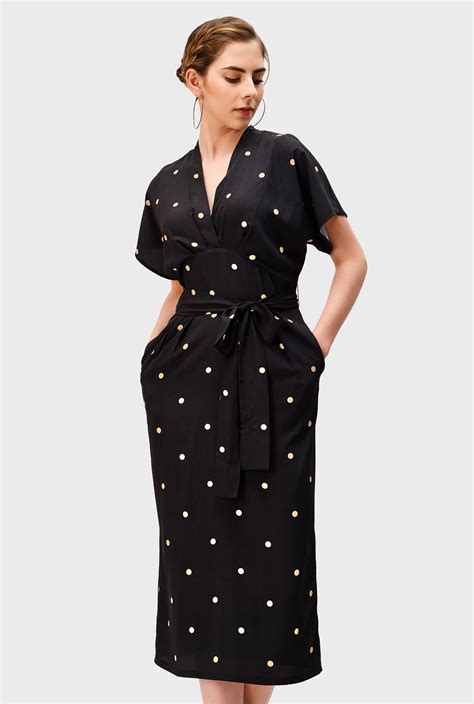 Shop Polka Dot Print Crepe Surplice Empire Sheath Dress Eshakti