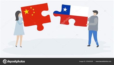 Pareja Sosteniendo Dos Piezas Rompecabezas Con Banderas Chinas Chilenas China Vector De Stock