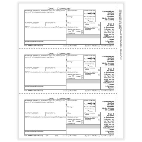 1099 Q Qualified Tuition Payments Payer Or State Copy C Cut Sheet 100 Sheets Pack