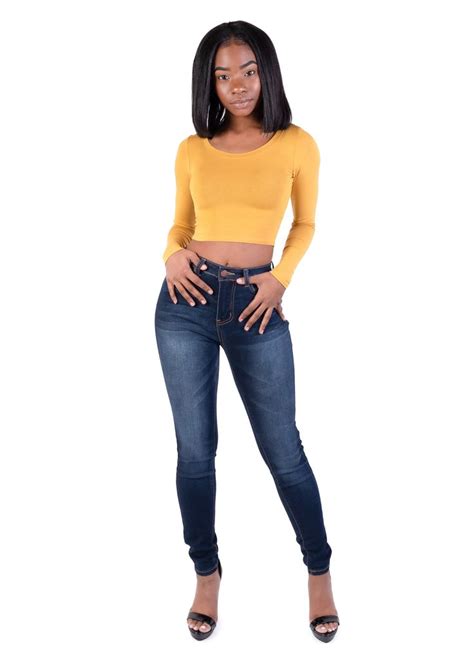 Trendy Tops Long Sleeve Crop Top Turtleneck Mustard Round Neck