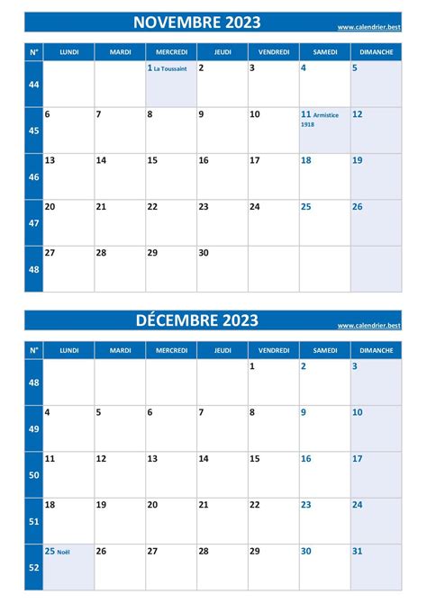 Calendrier novembre et décembre 2023 à imprimer Calendrier best