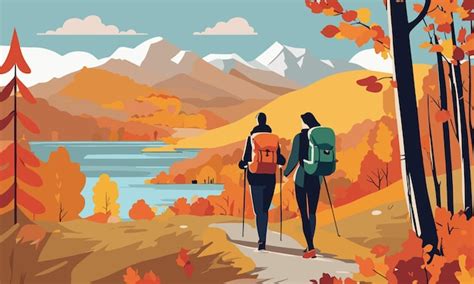 Premium Vector Couple Hiking In Autumn Mountains Autumn Landscape In