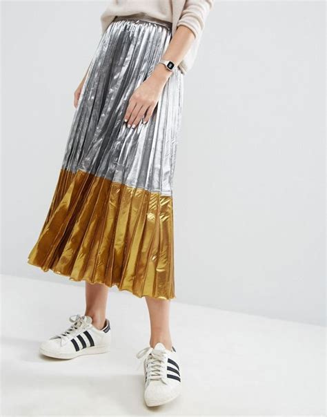 ASOS ASOS Pleated Midi Skirt In Metallic With Contrast Hem Metallic