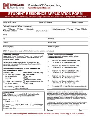 Fillable Online STUDENT RESIDENCE APPLIC ATION FORM MainCline Res Fax