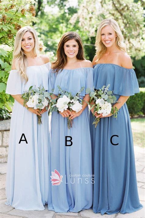 Off The Shoulder Ruffled Blue Chiffon Bridesmaid Dresses Lunss