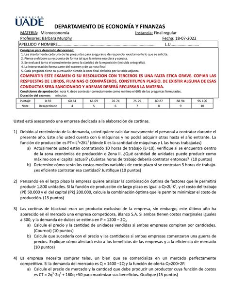 Modelo Final Micro Departamento De Econom A Y Finanzas Materia