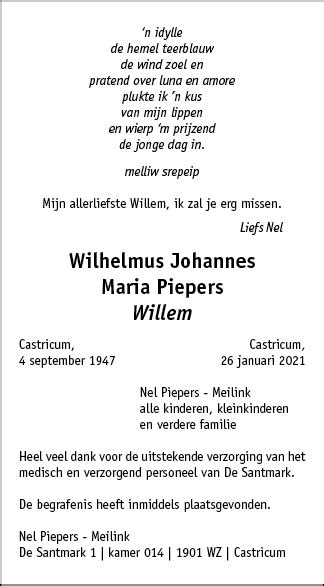 Overleden Wilhelmus Johannes Maria Piepers Willem 04 09 1947 26 01