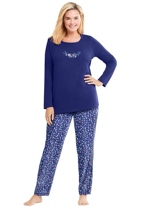 Dreams And Co Womens Plus Size Petite Long Sleeve Knit Pj Set Pajamas