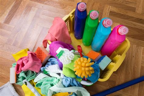 Cleaning Supplies And Equipment On Floor Stock Image Image Of Object