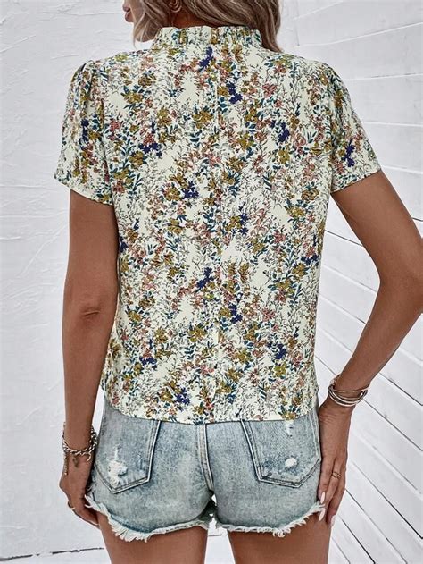 Shein Clasi Impress O Floral Dits Decote Entalhado Blusa