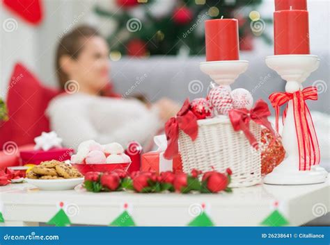 Closeup On Table With Christmas Decorations Stock Image Image Of