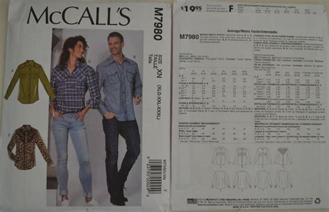 McCall S M7980 Misses Men S Shirts Sewing Patterns Sizes XL XXXL For