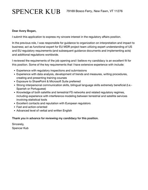 Regulatory Affairs Cover Letter Velvet Jobs