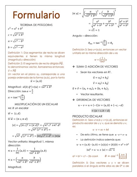 Álgebra lineal Formulario Formulario TEOREMA DE PITÁGORAS 𝑐 2 𝑎 2