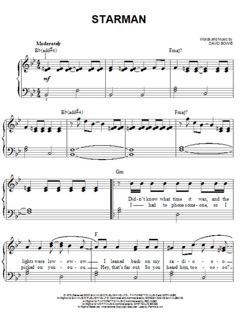 Starman By David Bowie Sheet Music For Easy Piano At Sheet Music Direct