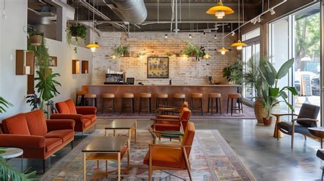 Premium Photo | Interior of a modern cafe with orange chairs tables and ...