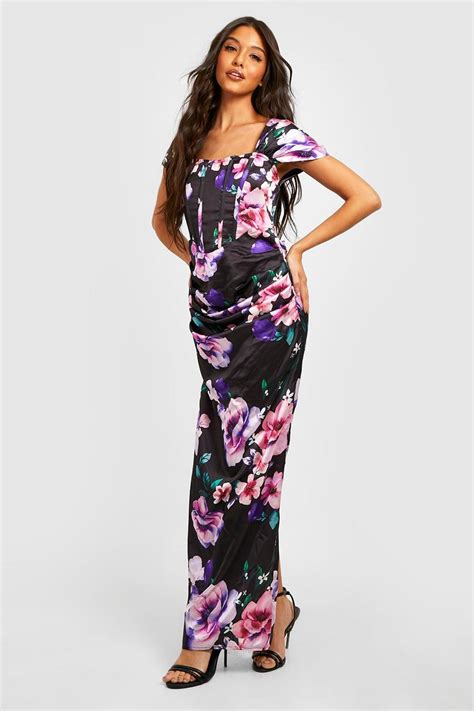 Floral Satin Corset Detail Maxi Dress Boohoo