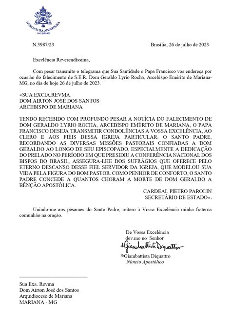 Papa Francisco Envia Mensagem De Condol Ncias Arquidiocese De Mariana