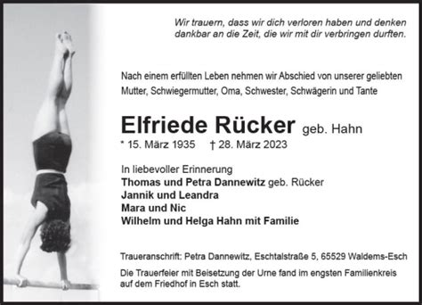 Traueranzeigen von Elfriede Rücker vrm trauer de