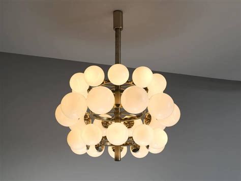 Sputnik Chandelier With Thirty Opaline Glass Globes And Brass For Sale