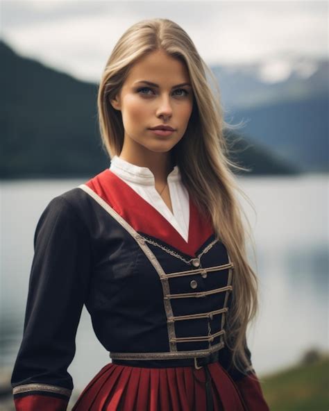 Una Hermosa Mujer Rubia Con Ropa Tradicional Noruega Vector Premium