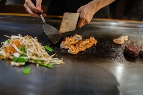 Tepanyaki - Japanese Grilled Beef on Pan. Chef Cooking at the Hot Table ...