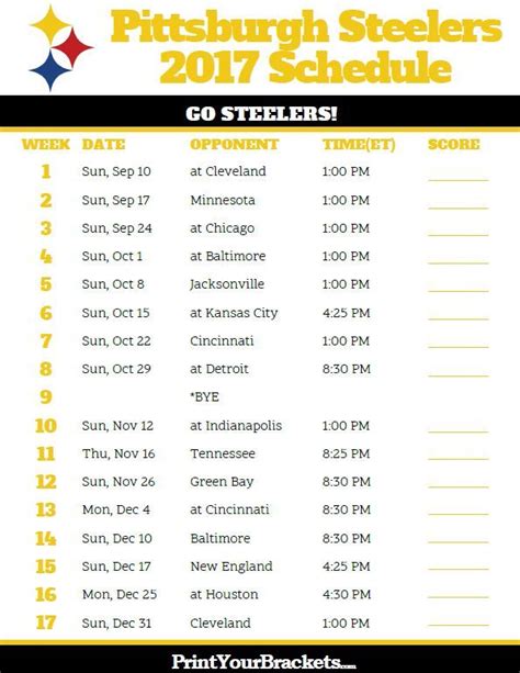 Printable Pittsburgh Steelers Football Schedule | Steelers schedule, Pittsburgh steelers ...