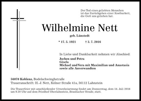 Traueranzeigen Von Wilhelmine Nett Rz Trauer De