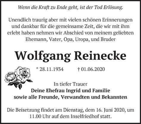 Traueranzeigen Von Wolfgang Reinecke M Rkische Onlinezeitung Trauerportal