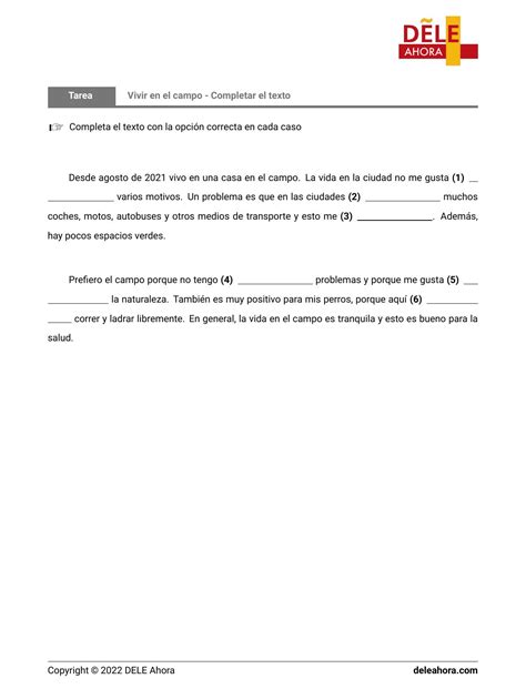 Vivir en el campo - Completar el texto | Comprensión de lectura