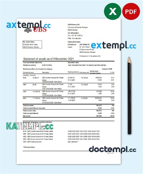 Sample Monaco UBS Bank Statement Easy To Fill Template In Excel And PDF