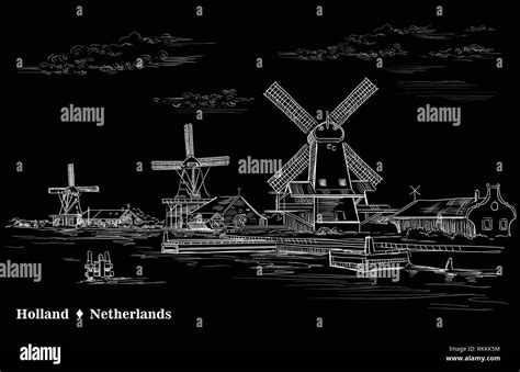 Vector Hand Drawing Illustration Of Watermill In Amsterdam Netherlands