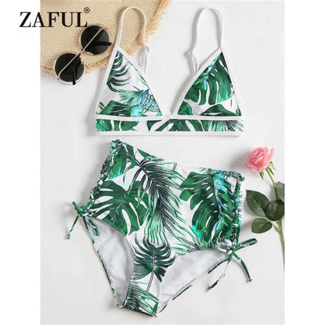 ZAFUL Bikini High Waisted Leaves Print Bikini Padded Women Swimsuit