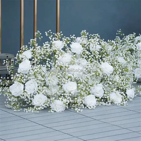 Luxury White Rose Babys Breath Artificial Floral Row Wedding Backdrop