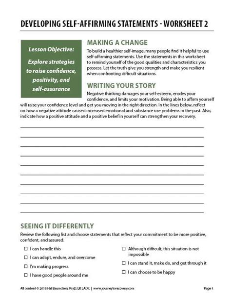 Developing Self Affirming Statements Worksheet 2 Cod Journey To