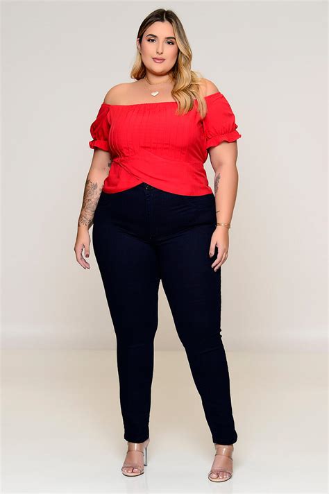 Cropped Plus Size Decote Vermelho Vk Moda Plus Size