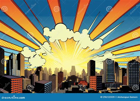 Comic Retro Pop Art Style Sunrise In The City Stock Illustration